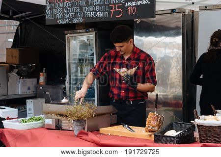 Copenhagen Denmark - August 11 2016. Street food in antiques and art market in Frue Square in Copenhagen. Frue Plads is a public square located on the north side of the Church of Our Lady in central Copenhagen