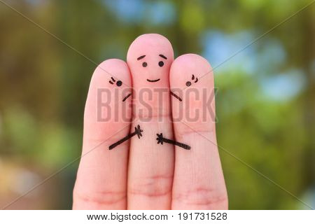 Fingers art. Concept of two women fight over one man.
