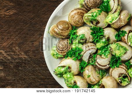 An overhead photo of escargots a la bourguignonne, a plate of snails with the typical French green sauce of garlic and herb butter, on a rustic texture with a place for text