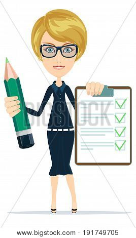 woman with a questionary and big green pencil. Stock vector illustration for poster, greeting card, website, ad, business presentation advertisement design