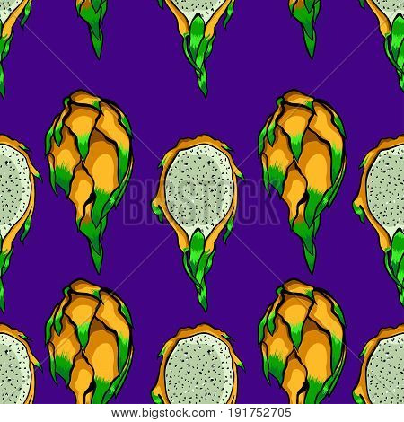 Exotic seamless vector pattern. Dragon fruits on the bright blue background