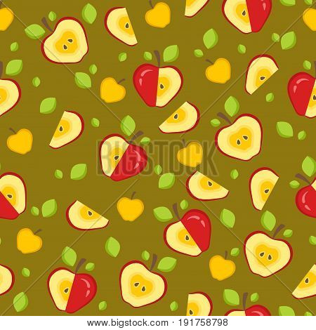 Fruit background with whole, chopped, slices of apples, green leaves. Seamless pattern for print. Vector illustration