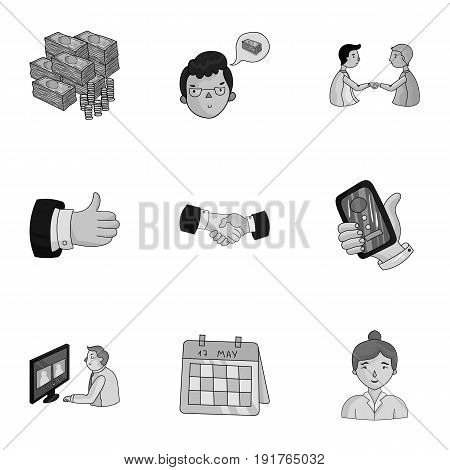 A set of pictures about the transaction, work, office. Office center, analytics.Business conference and ntgotiations icon in set collection on monochrome style vector symbol stock .