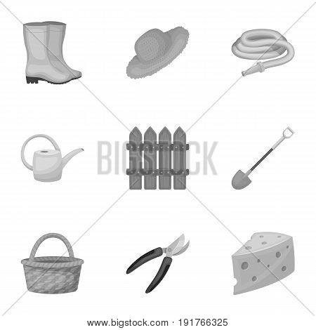 Set of pictures about gardening. Village, vegetable garden, garden, ecology.Farm and Gardening icon in set collection on monochrome style vector symbol stock web illustration.