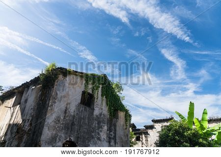 roof of historic building against blue skyshot in LishuiChina.