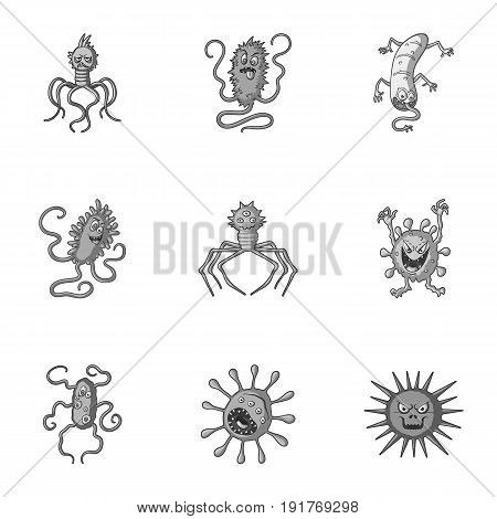 A set of pictures about bacteria and viruses. Germs that are harmful to humans. viruses and bacteria icon in set collection on monochrome style vector symbol stock web illustration.