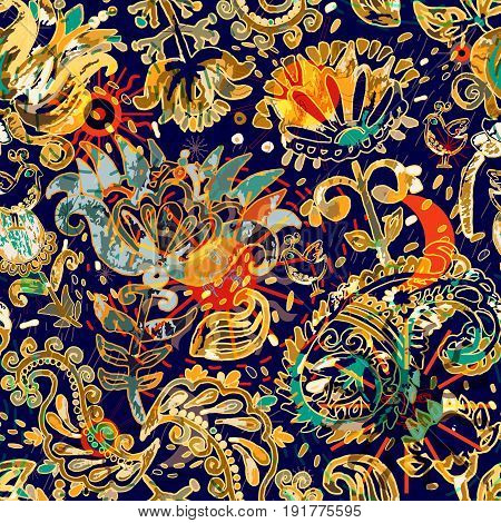 Floral seamless pattern, texture effect. Indian colorful ornament. Vector decorative flowers and Paisley. Ethnic style. Design for fabrics, cards, web, decoupage