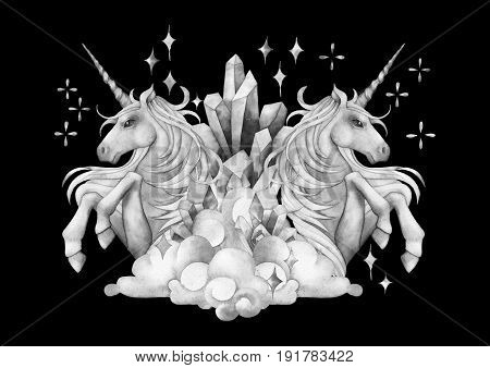 Cute watercolor unicorn in the sky. Mirror design. Hand drawn fantasy art in gray colors isolated on black background