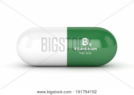 3D Render Of B9 Folic Acid Pill Over White