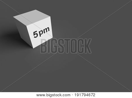 3D RENDERING WORDS 5 pm ON WHITE CUBE, STOCK PHOTO