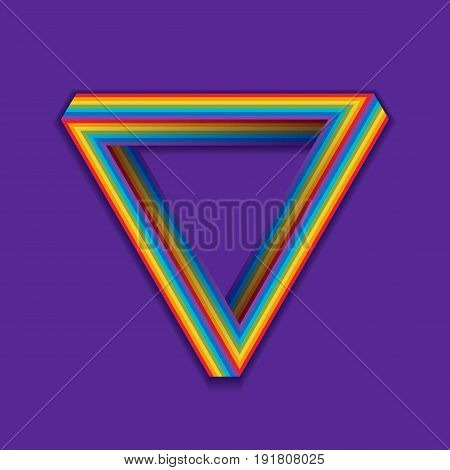 LGBT pride symbol. Rainbow seamless triangle on a violet. The Penrose triangle, Penrose tribar. LGBT community safe zone. Vector illustration.