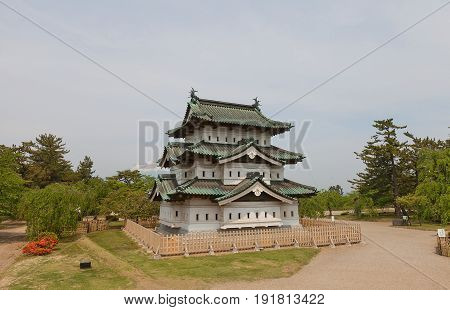 HIROSAKI JAPAN - MAY 23 2017: Main keep (donjon) of Hirosaki Castle. Was erected by Tsugaru Nobuhira in 1611 reconstructed in 1810 Important Cultural Property of Japan