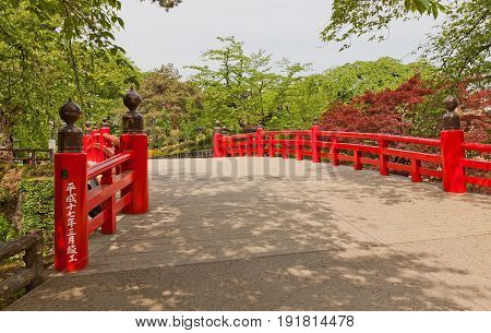HIROSAKI JAPAN - MAY 23 2017: Gejo-bashi Bridge of Hirosaki Castle Japan. Castle was erected by Tsugaru Nobuhira in 1611 designated National Historic Site in 1952