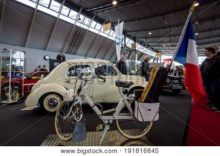 STUTTGART GERMANY - MARCH 03 2017: Motorised bicycle Velo Solex S3800 1970. Europe's greatest classic car exhibition 