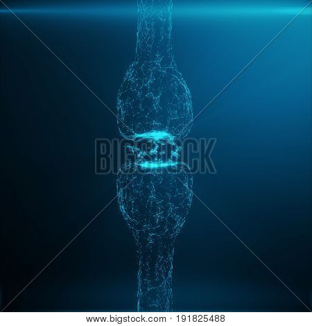 Blue glowing synapse. Artificial neuron in concept of artificial intelligence. Synaptic transmission lines of pulses.Abstract polygonal space low poly with connecting dots and lines. 3D rendering