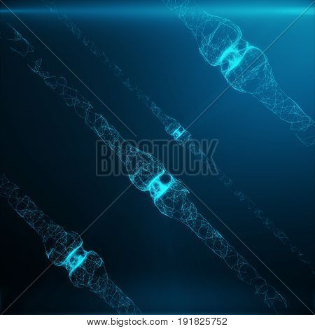 Blue glowing synapse. Artificial neuron in concept of artificial intelligence. Synaptic transmission lines of pulses.Abstract polygonal space low poly with connecting dots and lines. 3D rendering