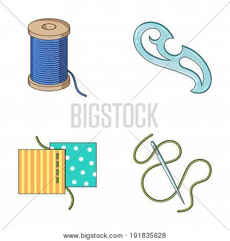 A spool with threads, a needle, a curl, a seam on the fabric.Sewing or tailoring tools set collection icons in cartoon style vector symbol stock illustration .