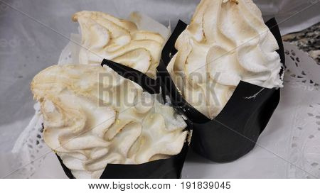 Tray of merenge dessert. Whipped egg withe with sugar