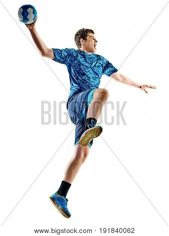 one caucasian handball player teenager boy in studio isolated on white background