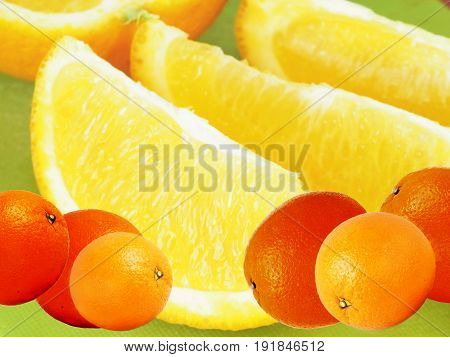 Kollage. Background of citrus fruits. Green background.