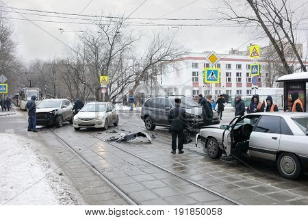MOSCOW, RUSSIA - DEC 30, 2016: Group car accident, in 2016 in Russia there were 184 thousand accidents with victims, they killed 23 thousand people