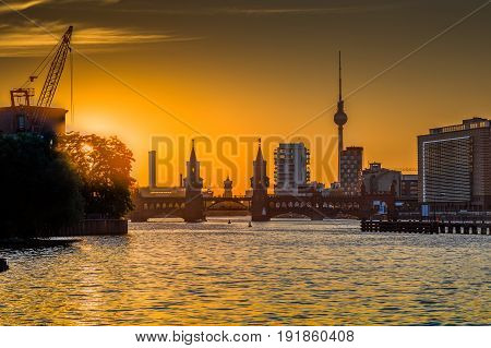 Berlin Skyline With Spree River At Sunset, Germany