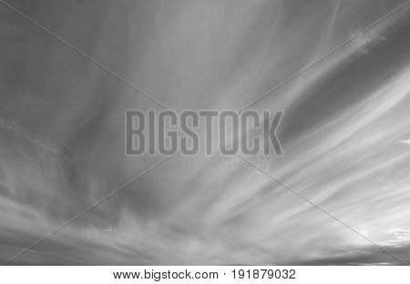 Dramatic loudy overcast sky. Beautiful unusual clouds over horizon cloudscape.