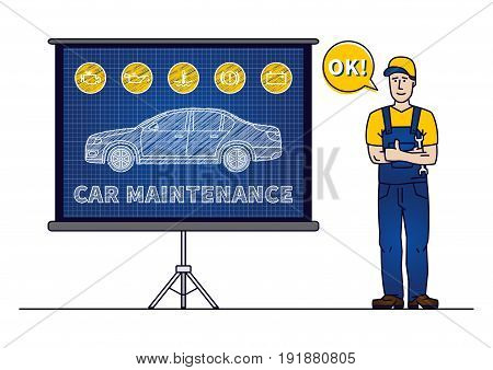 Serviceman with car maintenance chart board vector illustration. Car technical service concept with warning signs: check engine oil pressure generator coolant level brake system.