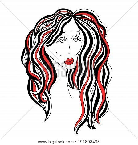 Sad woman with beautiful hair and red lips. Digital sketch grafic black and white style. Vector illustration
