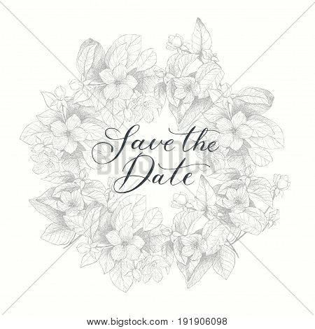 Vector floral wreath. Blooming garden trees. Botanical Illustration engraving style. Monochrome tone. For lovers card, invitation, wedding, brides