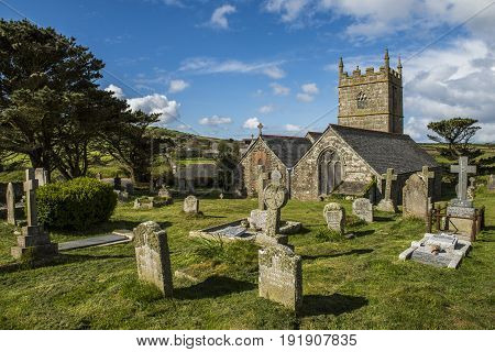 Zennor England - April 26 2017: Graveyard of the church of Zennor Saint Senara Church Cornwall.