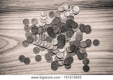 Old Soviet Coins On A Wooden Background - Monochrome Vintage Look