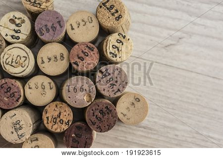 Close up shot of dated wine bottle corks