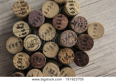 Close up shot of dated wine bottle corks
