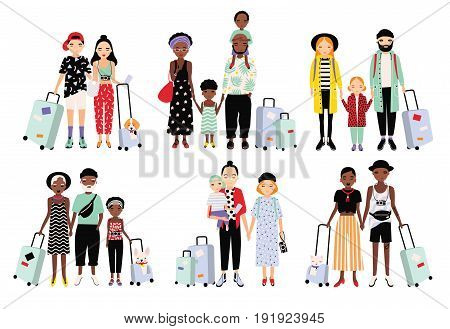 Set of traveling families and couples. Different fashionable people with luggage, children. Colorful vector collection in cartoon style