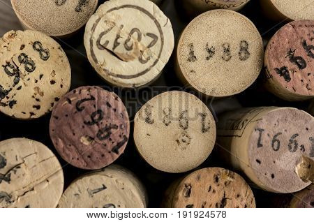 Close up shot of dated wine bottle corks