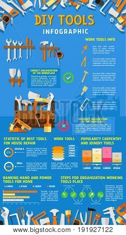 Do it yourself DIY work tools infographics. Vector design of home repair and carpentry instruments statistics, diagrams and chart elements on tools percent share for painting and house designing
