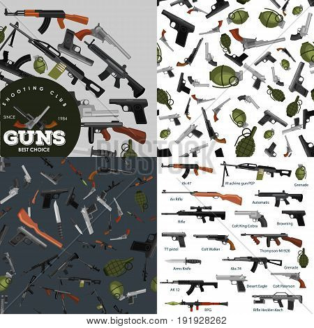 military gun set, automatic and hand weapon in magazine barrel with bullets for protection shoting or war collection, handgun for hunting and police equipment, ammunition background isolated vector illustration