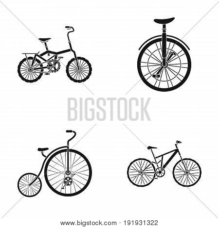 Retro, unicycle and other kinds.Different bicycles set collection icons in black style vector symbol stock illustration .