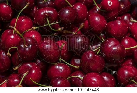 cherry detail macro of delicious fresh ripe red cherries with bright green stem, perfect food background Sweet cherry background