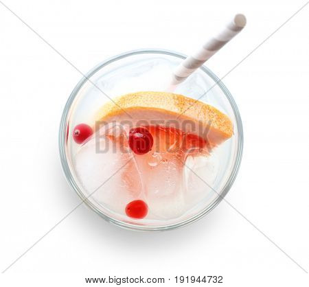 Tasty refreshing lemonade with grapefruit in glass on white background
