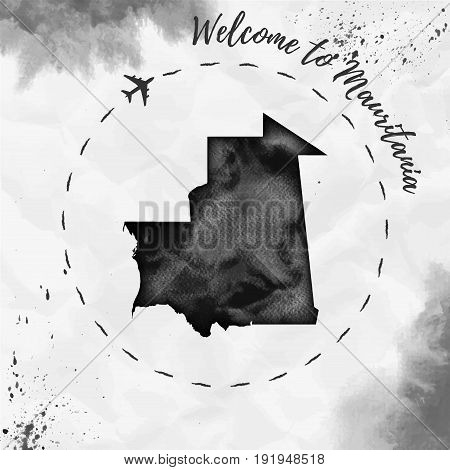 Mauritania Watercolor Map In Black Colors. Welcome To Mauritania Poster With Airplane Trace And Hand