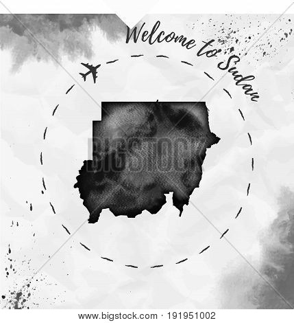 Sudan Watercolor Map In Black Colors. Welcome To Sudan Poster With Airplane Trace And Handpainted Wa