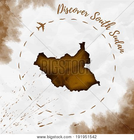 South Sudan Watercolor Map In Sepia Colors. Discover South Sudan Poster With Airplane Trace And Hand