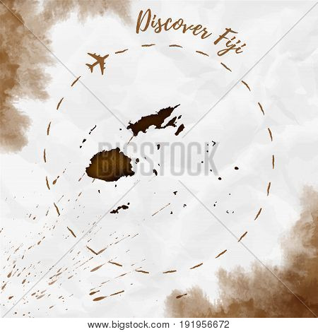 Fiji Watercolor Map In Sepia Colors. Discover Fiji Poster With Airplane Trace And Handpainted Waterc