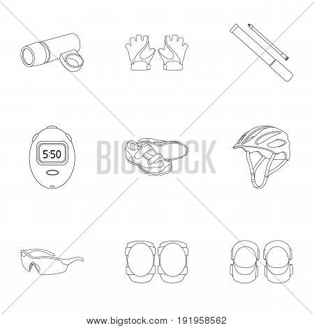 Icons of Cycling, bike. Set for bike, backpack protection, repair, form. Cyclist outfit icon in set collection on outline style vector symbol stock web illustration.