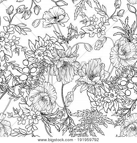 Seamless pattern with poppy flowers daffodil, anemone, violet in botanical vintage style. Outline hand drawing coloring page for adult coloring book. Stock line vector illustration.