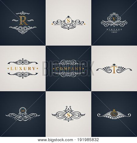 Luxury logo monogram set. Vintage royal flourishes elements. Calligraphic symbol ornament. Letter R, S, V, T, M, G. Vector pattern emblem. Calligraphic design frame