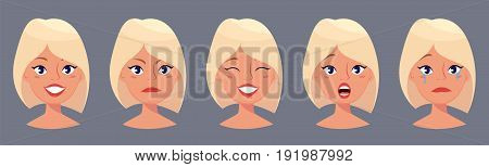 Young pretty blond woman cute faces with different emotions. Cartoon beautiful girl. Avatar business woman. Vector illustration.