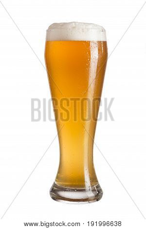 Frosty glass of cold unfiltered wheat beer isolated on white background